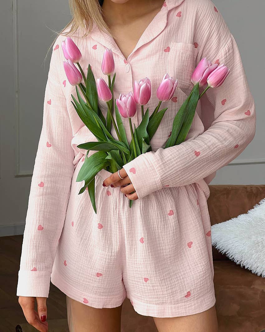 Rosa Clothing - Wholesale Lounge Set - Women's - Valentine's Day heart print shorts loungewear set10