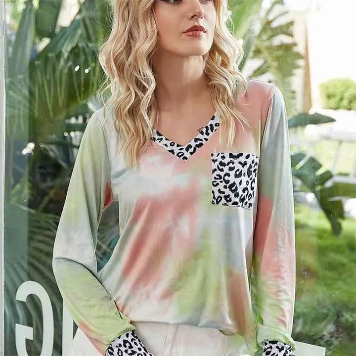 V Neck Tie Dye Print Long Sleeve Top for wholesale by Supreme Fashion