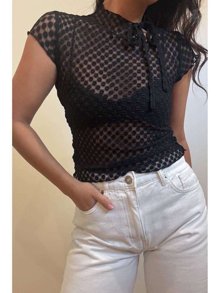 Polka Mesh Keyhole Cap Sleeves Top for wholesale by Et Clet