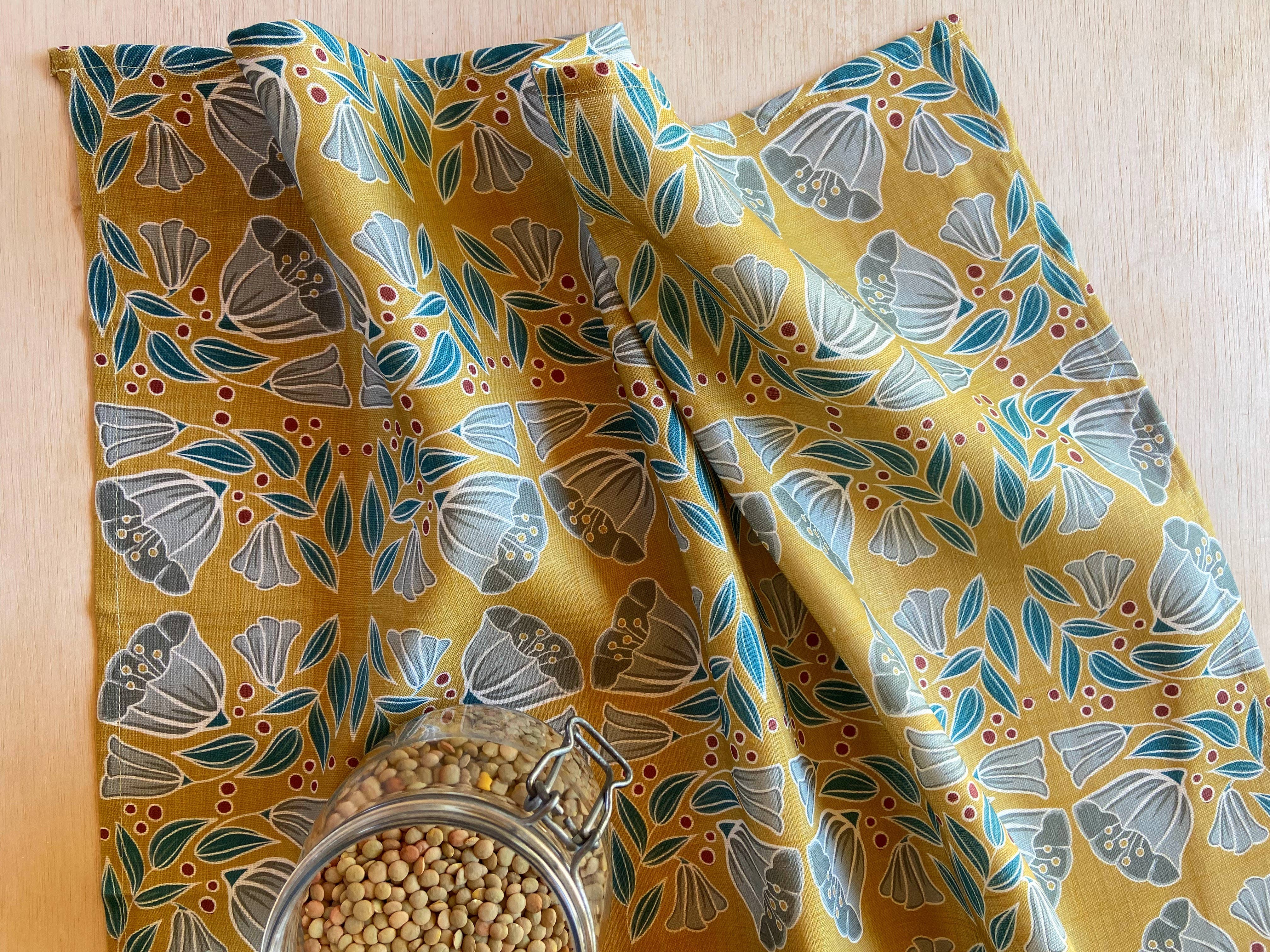 Jen Fox Studio – wholesale Tea towel – Bluebells on Yellow Tea Towel1