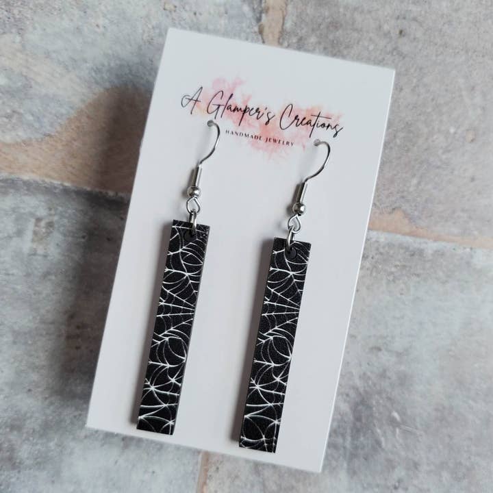A Glamper's Creations LLC - Wholesale Dangle Earrings - Black & White Spiderwebs Halloween Wooden Bar Earrings