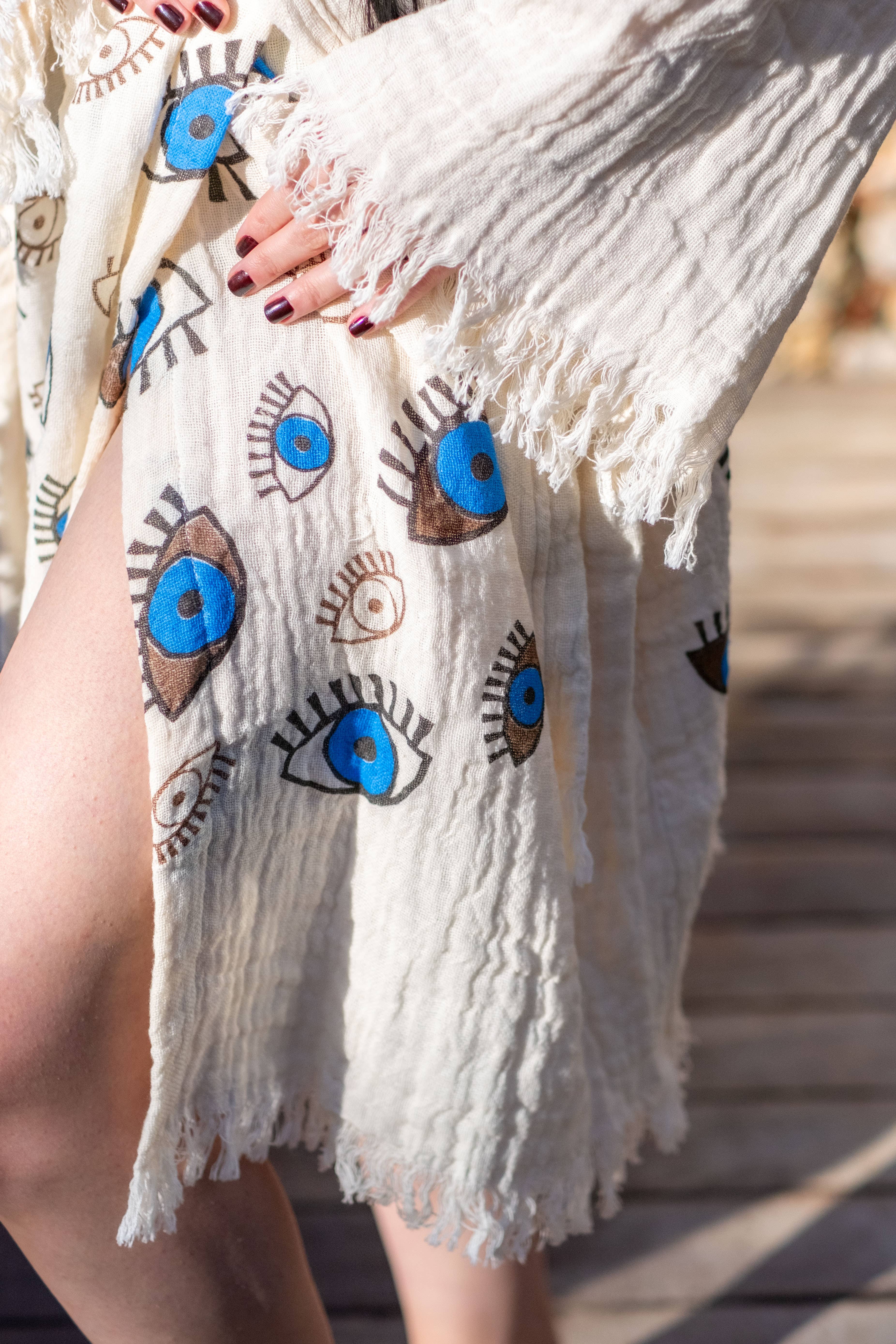 ASILEX HOME COLLECTION - Wholesale Robe - Unisex - Hooded Muslin Cotton Bathrobe | All-Over Evil Eye Design2