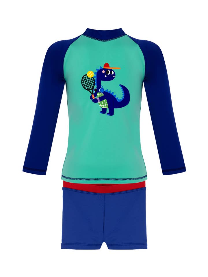 Dinosaur Print UPF50+ Boys Swim Set (Rashguard + Swim Trunk) for wholesale by Daring Littles