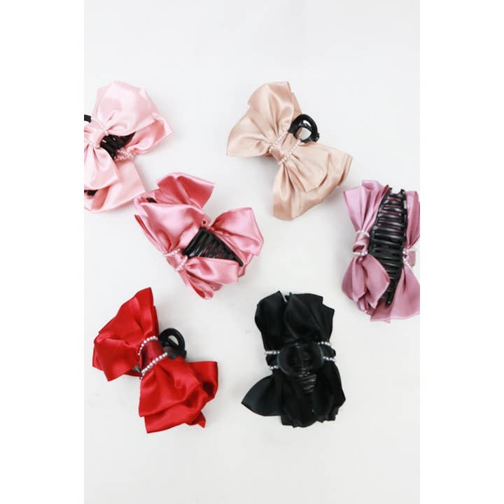 MIX COLOR Satin Bow with Pearl Bead Hair Claw for wholesale on Faire