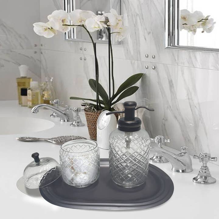 Emory (Set of 3) Rubbed Bronze Soap Pump, Jar & Vanity Tray for wholesale by nu steel