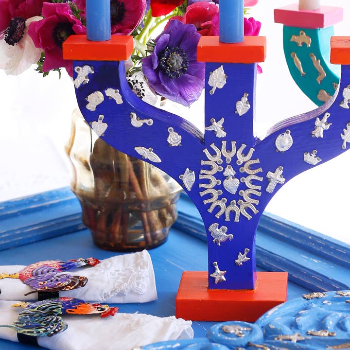 “Primitivo” Wooden Candlestick made in Mexico with Milagros for wholesale by PINK PAMPAS