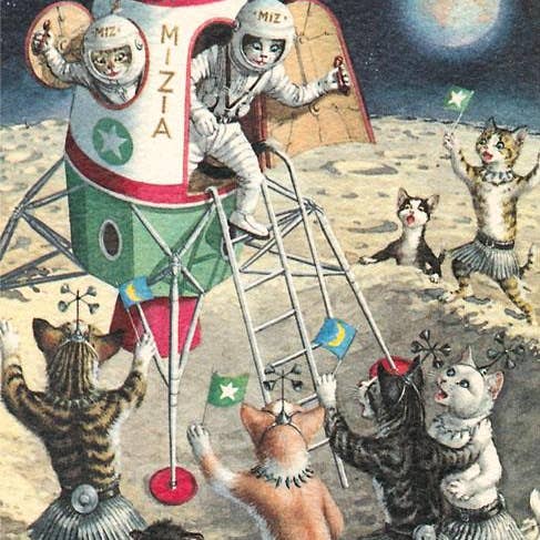 Art Print OS-18 Crazy Cat Astronauts Landing on Female Cat P for wholesale by Found Image Press