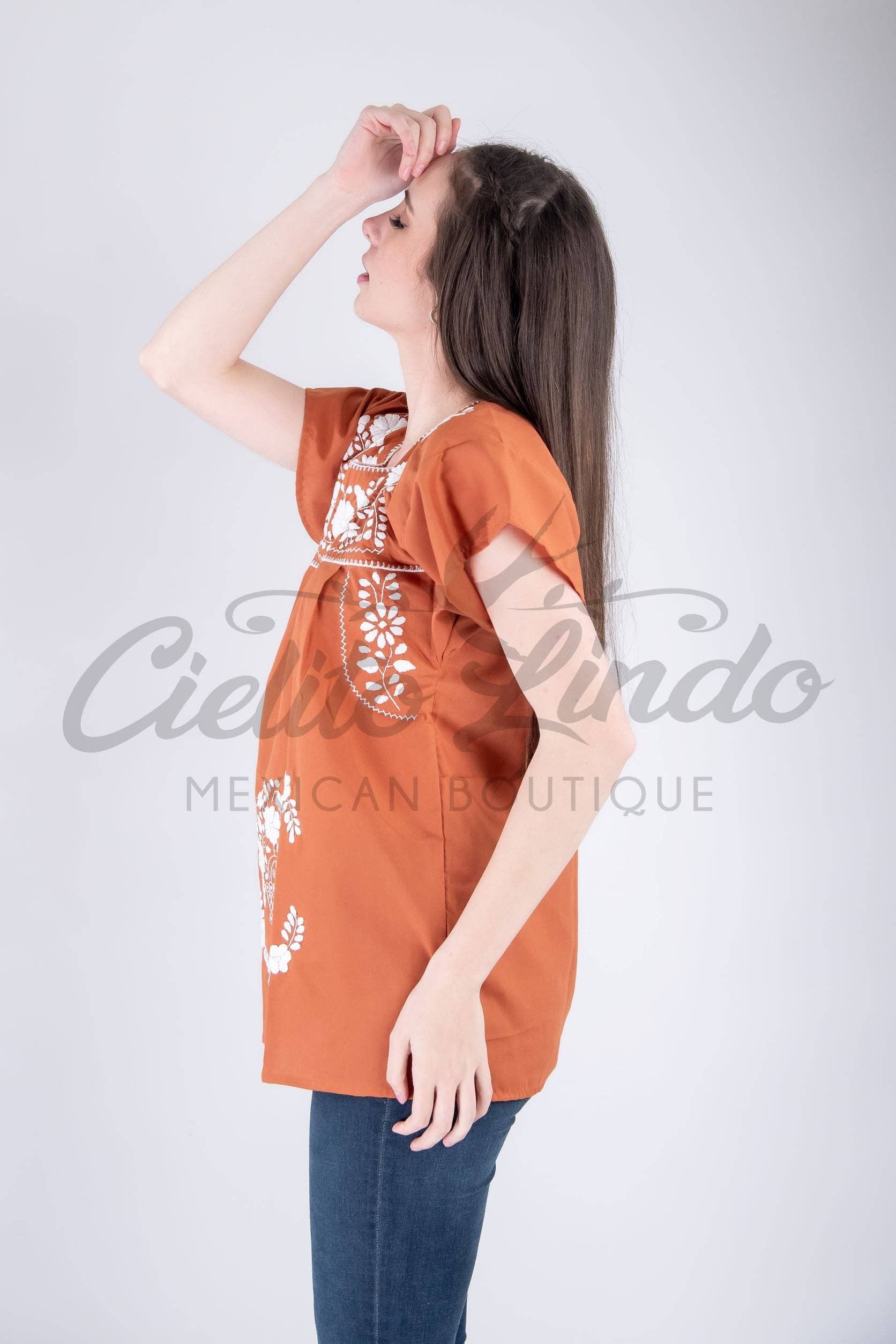Burnt Orange Mexican Blouse Full Embroidered Texas Longhorns for wholesale on Faire7