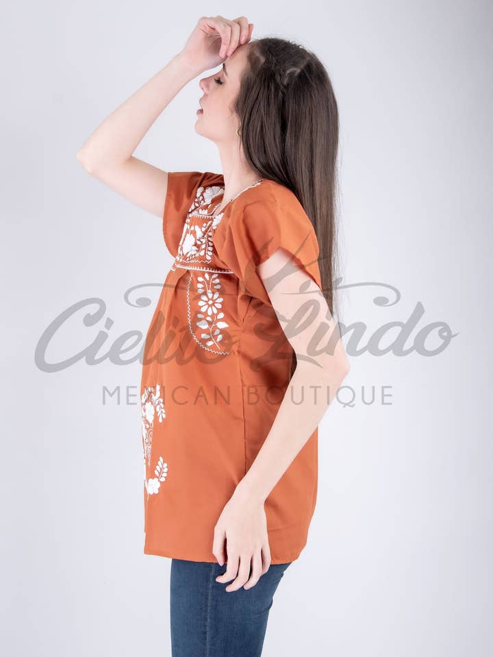 Burnt Orange Mexican Blouse Full Embroidered Texas Longhorns for wholesale on Faire7