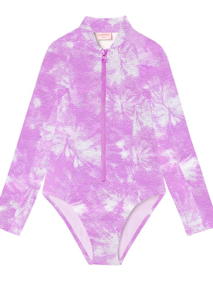 Girls' long-sleeve UV-protection swimsuit, lilac tie-dye | TAHAA SUIT for wholesale by Lison Paris