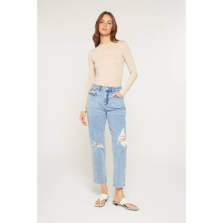 TEALISH BLUE SUPER HIGH DISTRESSED MOM JEAN for wholesale on Faire2
