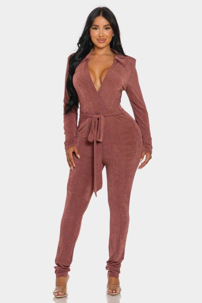 MARSALA V-NECK TIE-WAIST LONG SLEEVES JUMPSUIT SHP9639J for wholesale on Faire0