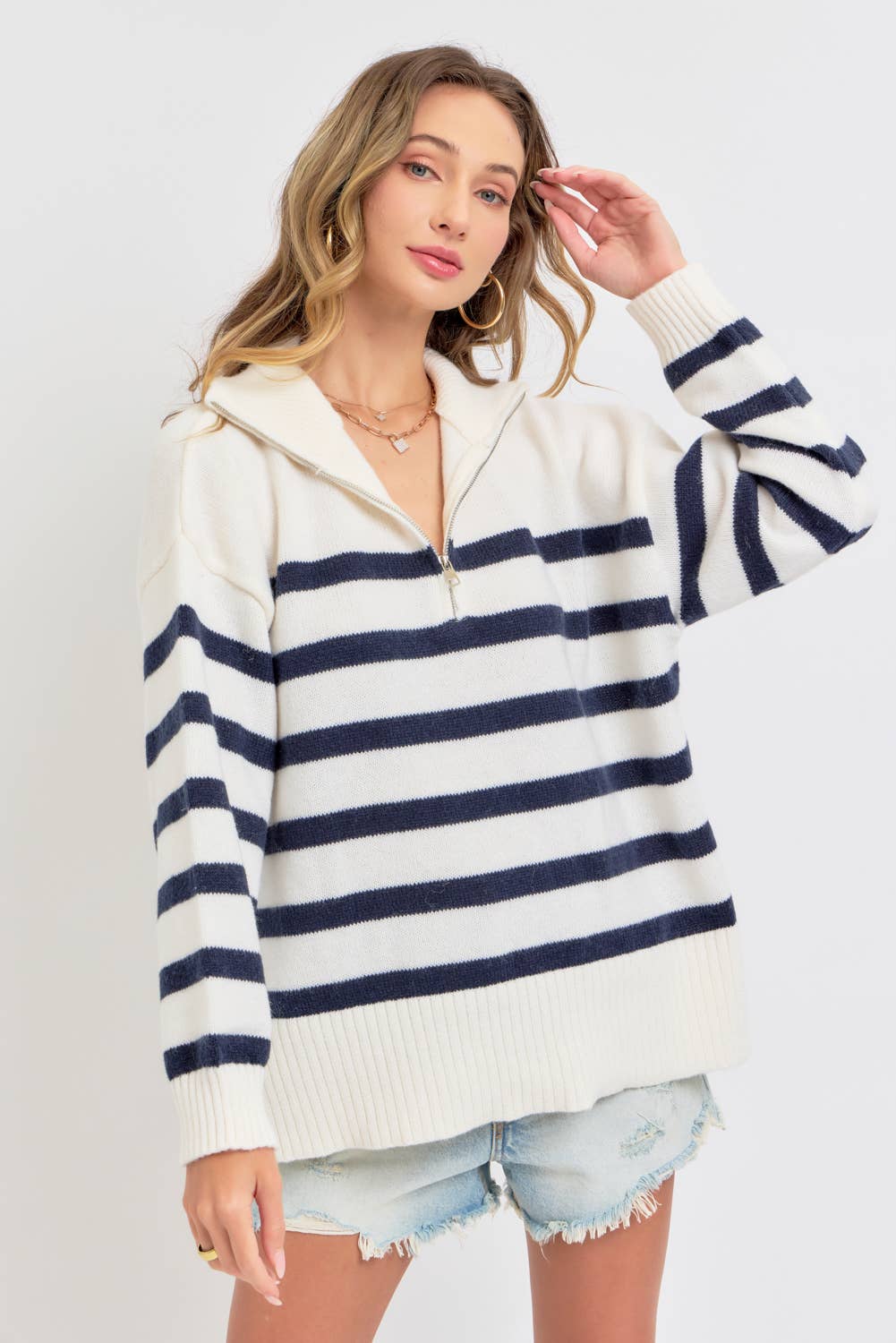 Sweet Lovely by Jen - Wholesale Knit Sweater - Women's - STRIPED ZIP-FRONT OVERSIZED PULLOVER KNIT SWEATER  22