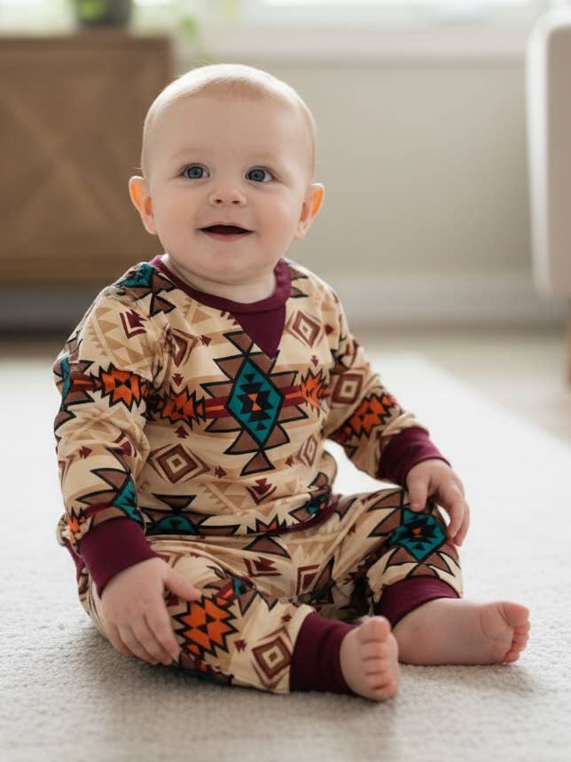 aztec printed boys pajamas with burgundy trim. for wholesale by Kids Charm Online