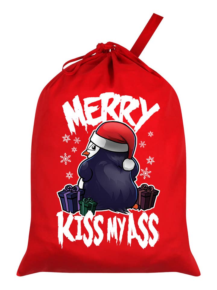 Psycho Penguin Merry Kiss My Ass Red Santa Sack for wholesale by Grindstore