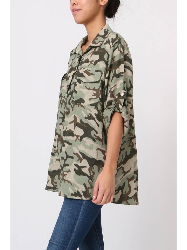 LÉA & LUC - Wholesale Tunic - Women's - 100% linen camouflage print blouse REF.1446