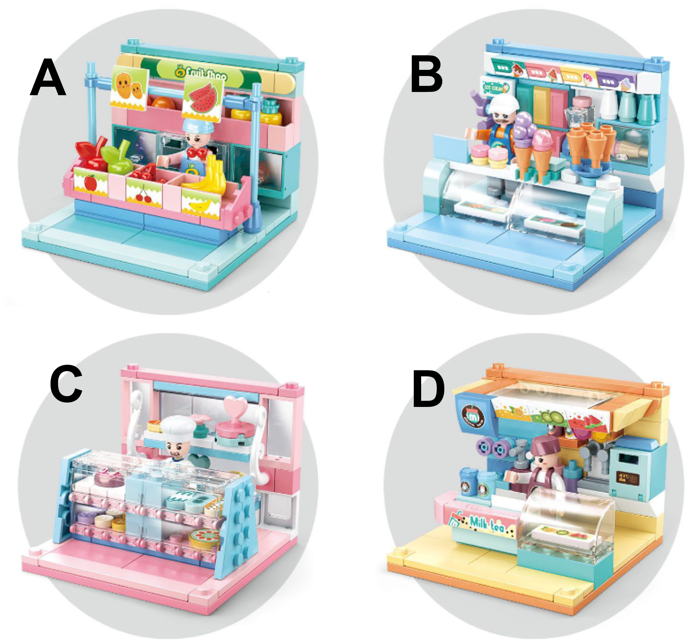 Texas Toy Distribution - Wholesale Building Set - Kids - Food Shop Building Brick Display Set (x2 of each kit A-D)2