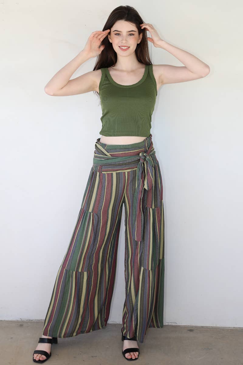 ANGIE - Wholesale Pants - Women's - 25S89-SE45 WIDE LEG STRIPED PANTS WITH TIE WAIST