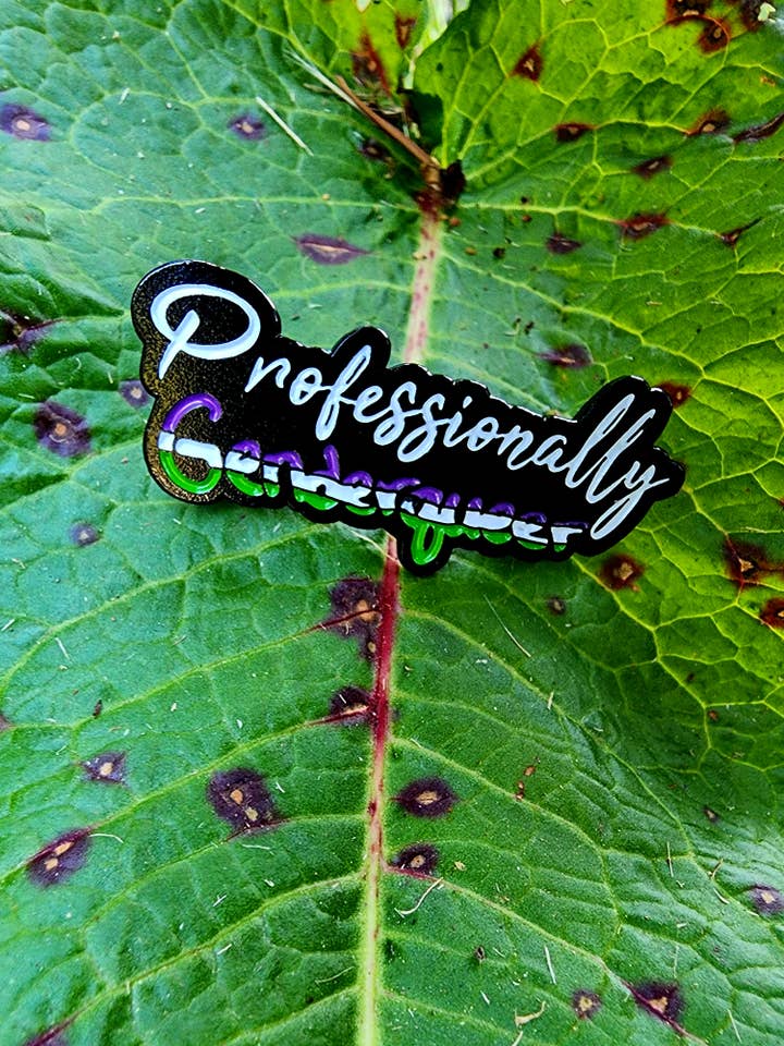 Professionally Genderqueer Pride Enamel Pin for wholesale by Arledge Comics