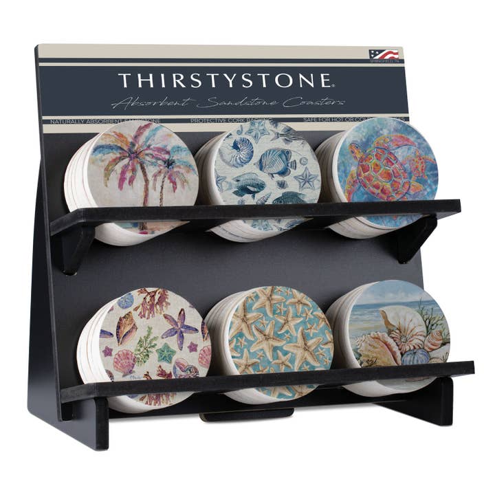 Coastal-Prefilled Single Sandstone Coaster Display 36 Piece for wholesale by CounterArt/Highland Home/Thirstystone