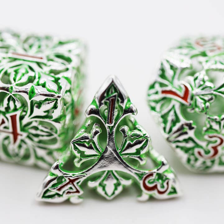 Fleur de Lis: Green - Hollow Metal RPG Dice Set for wholesale by Foam Brain Games