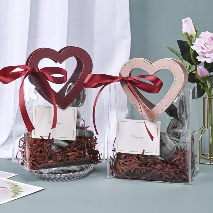 7"x4"x8" Heart Handle Large Thick Transparent PVC Gift Bag for wholesale by ByHome