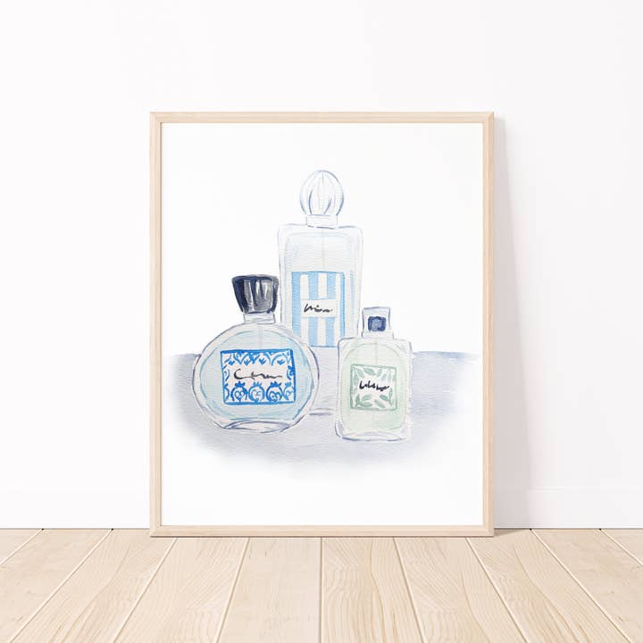Blue Perfume Bottles Art Print for wholesale by White Clover Paper Co.