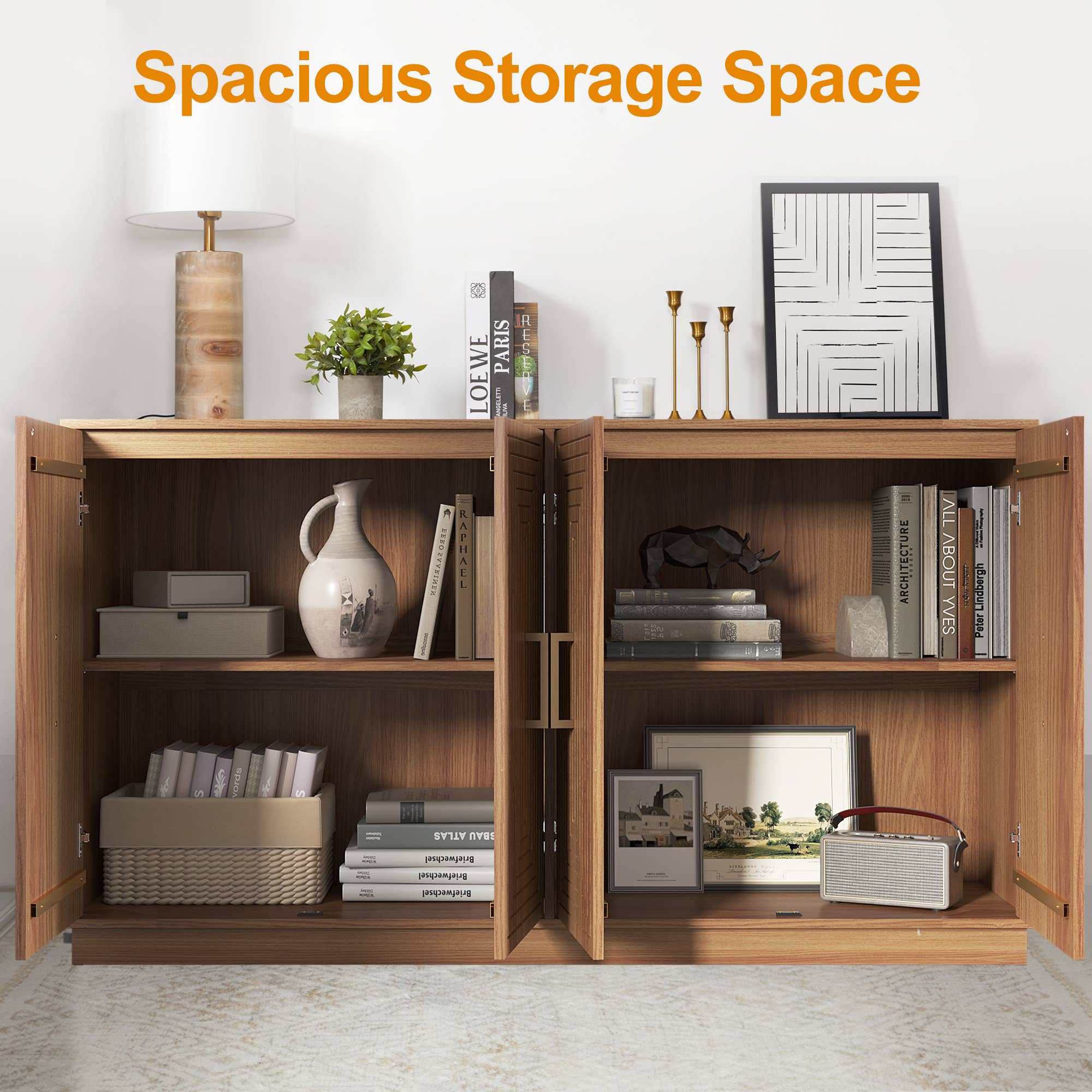 Heynemo - Wholesale Cabinet - 60'' Large Buffet Cabinet with Storage, Fluted Sideboard 4