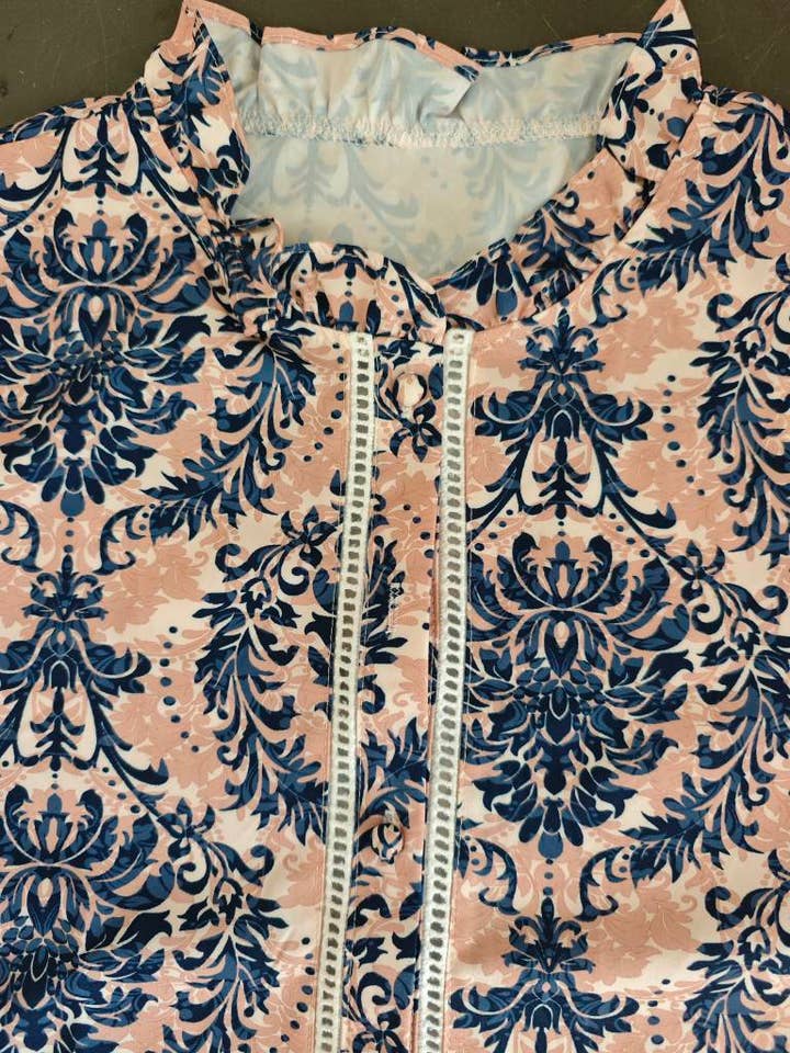 DarkBlue Bohemia Ethnic Floral Print Ruffle Neck Blouse for wholesale on Faire2