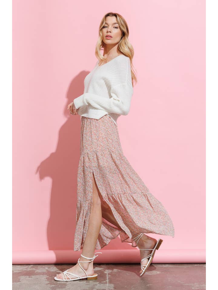 PEACH PINK Smocked floral midi skirt - HYS0001 for wholesale on Faire4