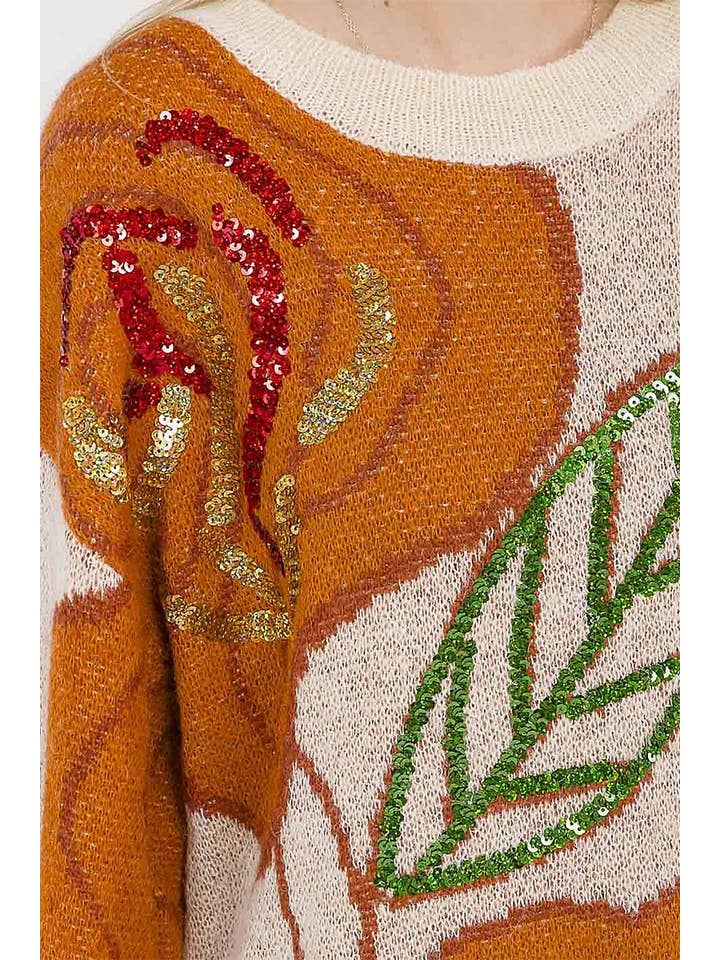 BEIGE MULTI LEAF PRINT SEQUINS PULLOVER KNIT SWEATER for wholesale on Faire3