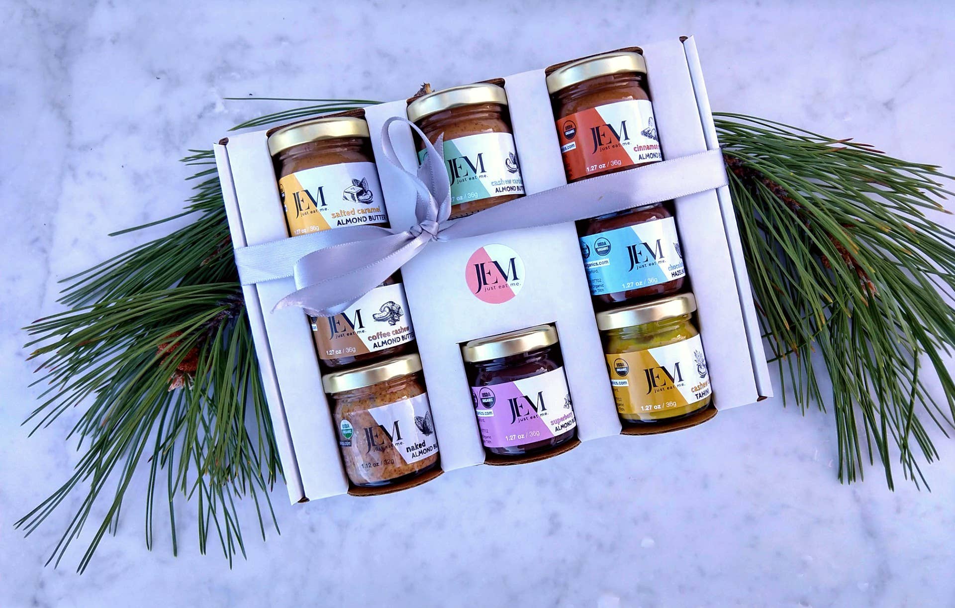 JEM Organics – wholesale Nut butter – JEM Nut Butters 8 Pack Gift Box/Sampler Pack  1.27oz jars1