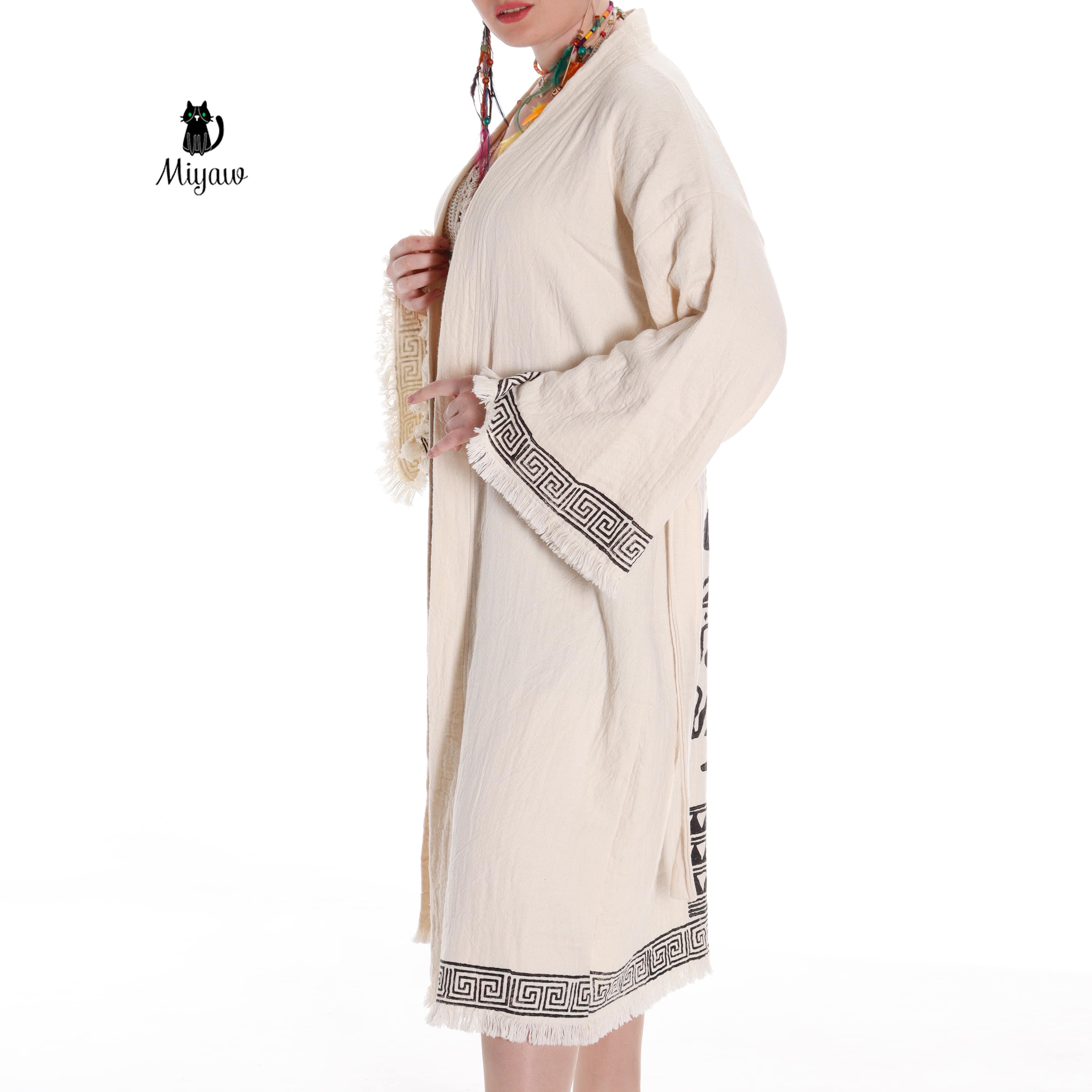 Beige Boho Style Greek Stamped Beach Kimono - Handcrafted Bohemian Bathrobe for wholesale on Faire2