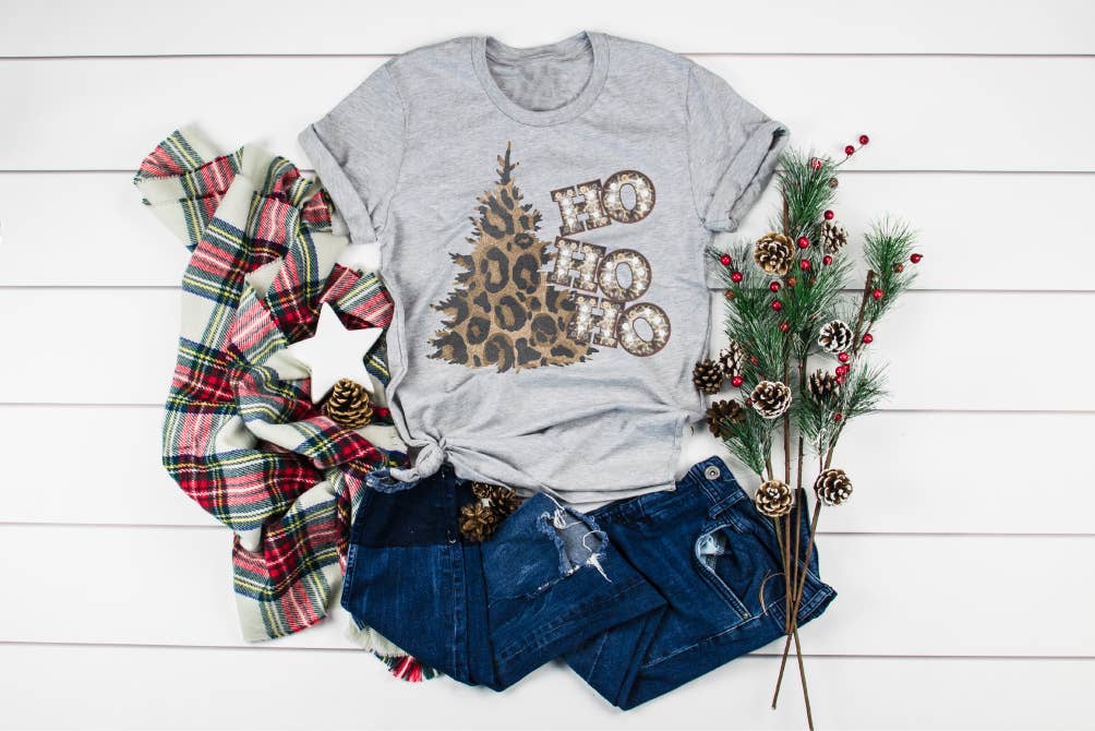 GLITTER AND GLAM - Wholesale Screen Printed T-Shirt - Women's - Ho Ho Ho Leopard Christmas Tree Shirt0