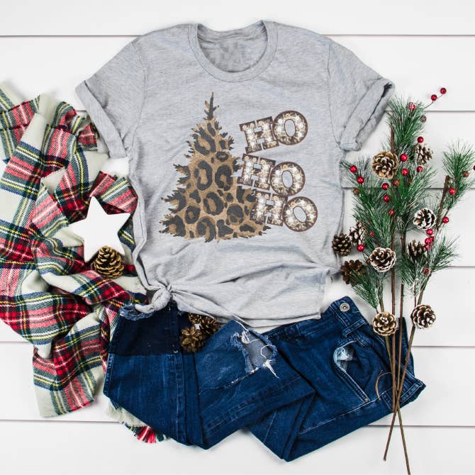 GLITTER AND GLAM - Wholesale Screen Printed T-Shirt - Women's - Ho Ho Ho Leopard Christmas Tree Shirt