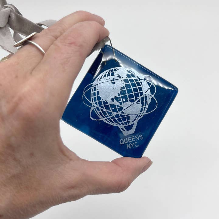 New York City Queens Unisphere Fused Glass 2.25" Ornament for wholesale by Kiku Handmade | Contemporary Fused Glass Home Goods