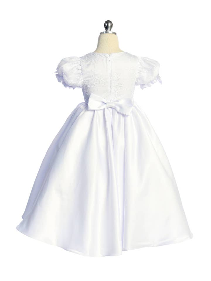 White *SALE* Satin Babydoll Embroidered Puff Sleeve Full Dress for wholesale on Faire