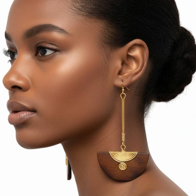 Pinduli Handmade Brass & Wood Drop Earrings – Elegant Statement Design for wholesale by KENDI AMANI