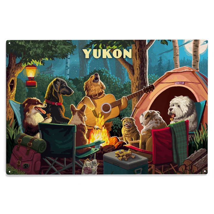 Lantern Press - Wholesale Wood Wall Art - WOOD SIGN ART Yukon, Pack Life, Dogs Around Campfire8