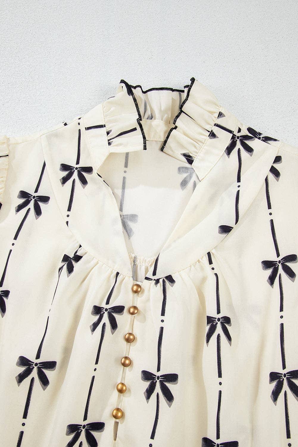 Beige Cute Bowknot Printed Bubble Sleeve V Neck Mini Dress for wholesale on Faire3