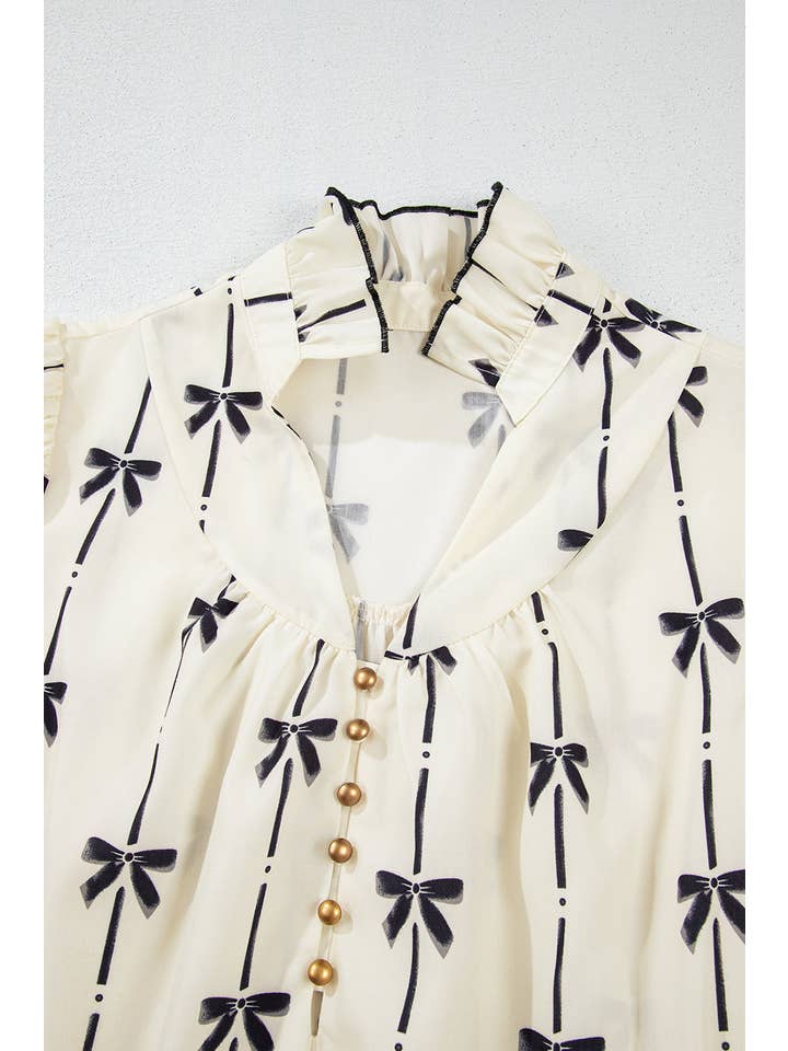 Beige Cute Bowknot Printed Bubble Sleeve V Neck Mini Dress for wholesale on Faire3