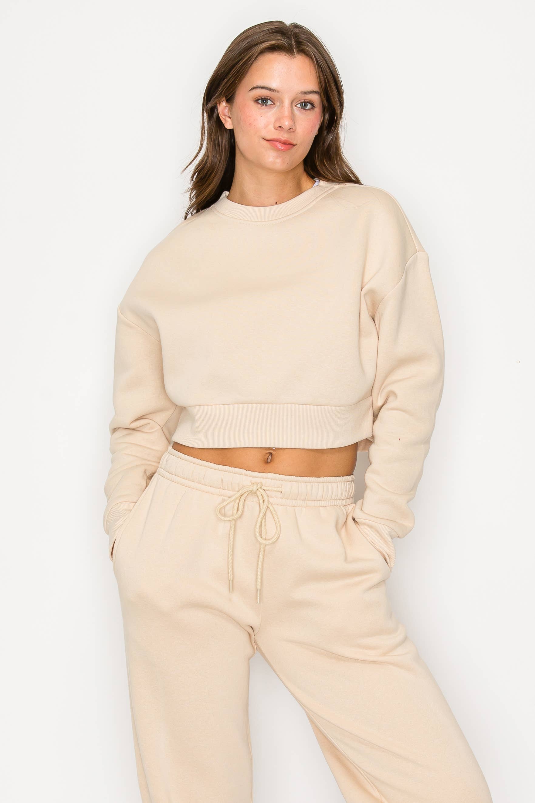 Color 5 - Wholesale Sweatshirt - Women's - Solid color fleece lined cropped basic pull over sweatshirt 34