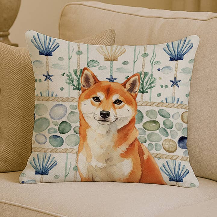 Red Shiba Inu Coastal Sea Glass Pillow 14x14 WDK7215 for wholesale by Caroline's Treasures