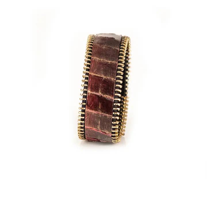 Python Leather Zipper Cuff Bracelet Oxblood Brown for wholesale by The Dark