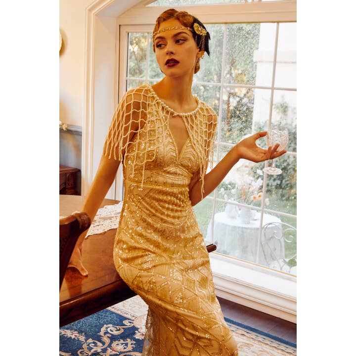 Cream Chic Pearl Tassel Fishnet Shawl for wholesale on Faire2