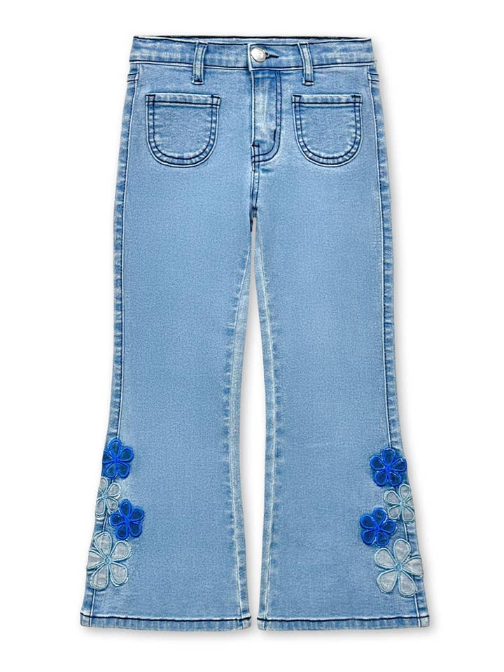 GDP-M26-89487A Girl's Flare Leg Denim Jean w/Flower Applique for wholesale by Cutie Patootie Clothing