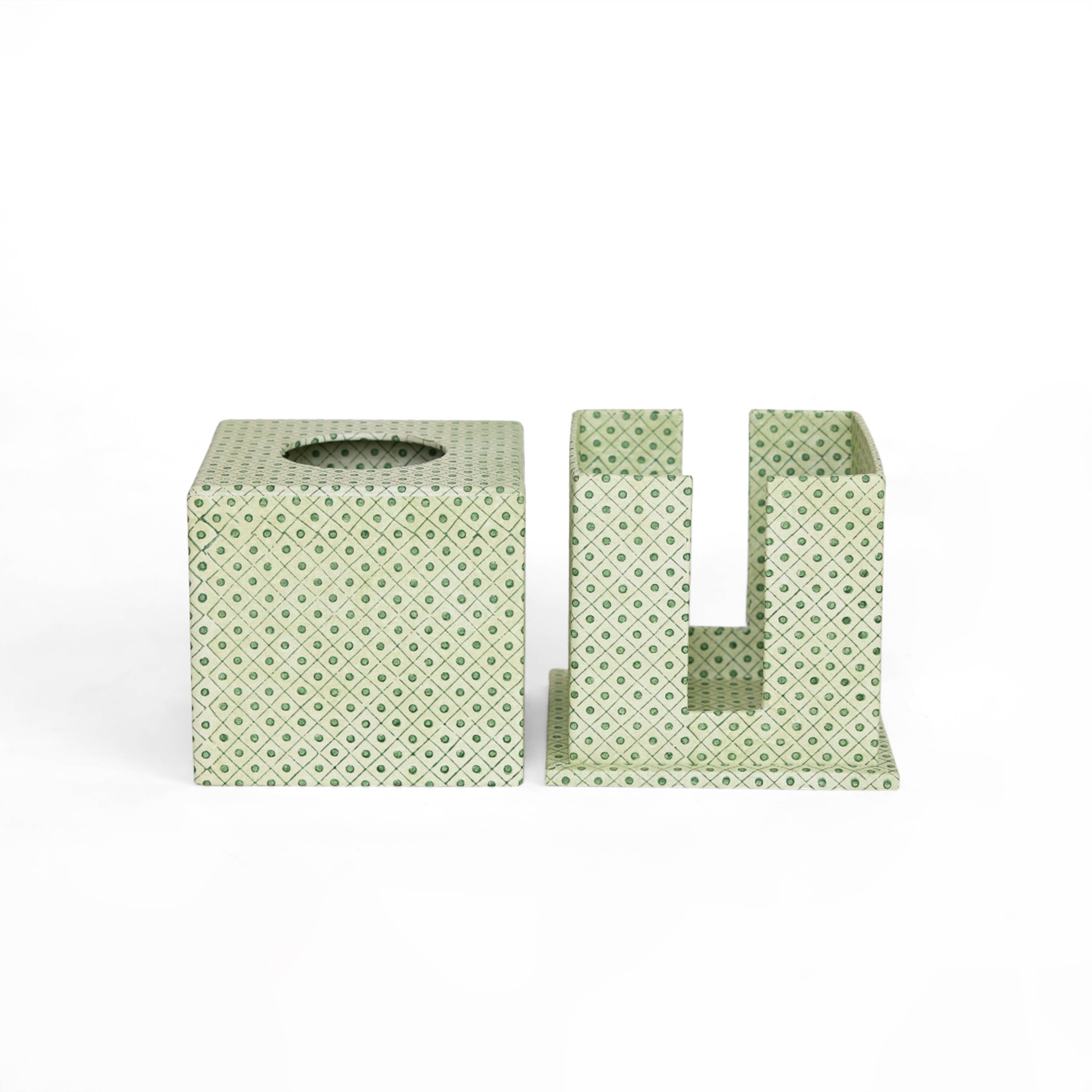 Craft Boat - Wholesale Tissue Box - SCREEN PRINTED TISSUE BOX DOT & GRID GREEN1