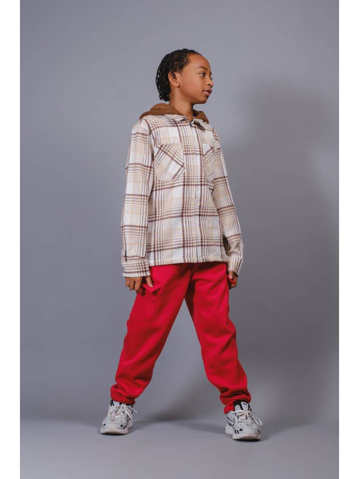 Cream Kids Flannel Hooded Zip Shacket for wholesale on Faire