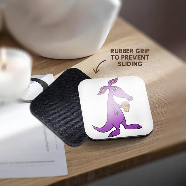 3dRose - Wholesale Coasters - 3dRose, Funny Cute Purple Aardvark Anteater eating Ice Cream Cone Cartoon, Coaster10