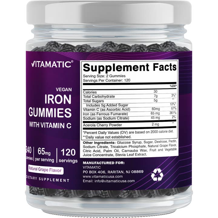 Vitamatic - Venta al por mayor Suplementos/vitaminas para beber - Vitamatic| Suplemento de Gominolas de Hierro 65 mg | 240 Gominolas Veganas